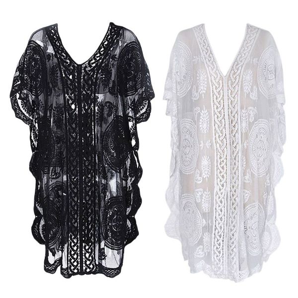 

women v-neck backless swimsuit bikini cover up hollow out see-through crochet floral lace side split beach dress, White;black