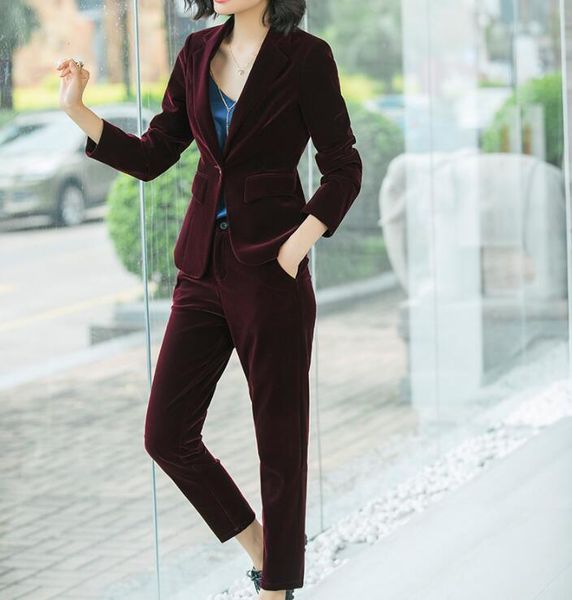 

women pants suits velvet clothing business formal work office ladies wear long sleeve slim blazer jacket autumn winter 2pcs set, White