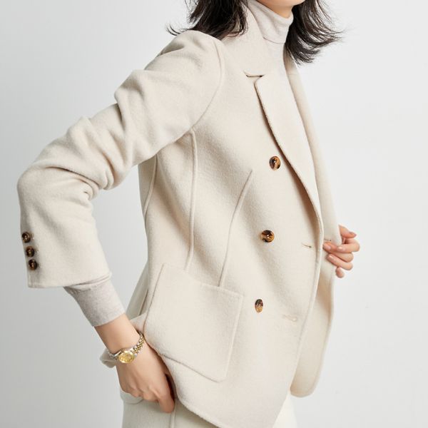 

classic double breasted suit style double faced wool coat for women short small woolen coat high end white women's wear, Black