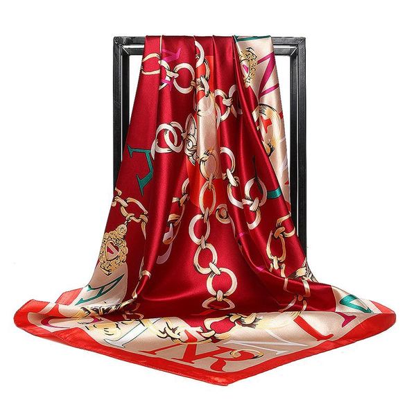 

winter scarf women silk scarf bandana fashion letter chain print square scarves shawls 90*90cm head hijab wraps, Blue;gray