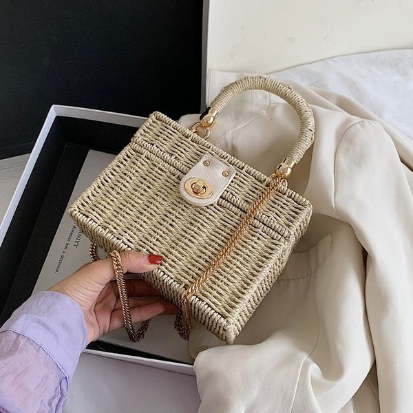 

high-quality weave straw tote bag 2020 women's designer handbag summer chain shoulder crossbody bag lady travel beach