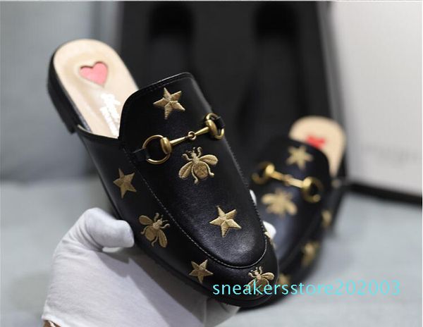 

designer luxury womens summer princetown lace velvet slippers mules loafers genuine leather flats buckle bees snake pattern with box s03, Black
