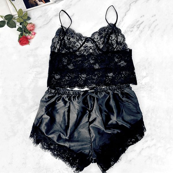 

2pcs women satin lingerie underwear sets babydoll nightwear sleepwear silk strap solid color bow lace bra and panty set, Black;white