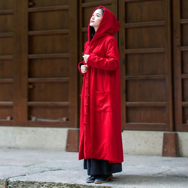 

johnature women solid color winter parkas cotton linen hooded coats 2020 new button long sleeve plus fleece pockets loose parkas, Black