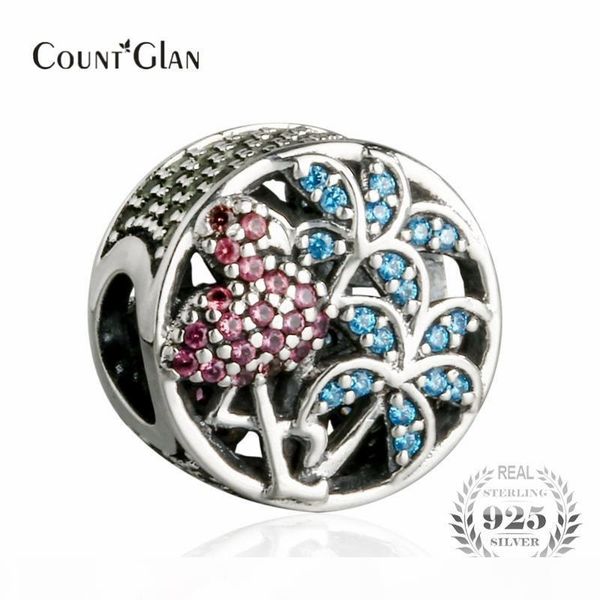 

2017 summer pave cz tropical flamingo charm fit pandora snake bracelets silver 925 original palm tree beads for jewelry making, Bronze;silver