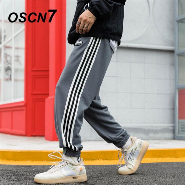 

oscn7 loose leisure sweatpants men 2020 fashion streetwear contrast color high street stripe mens pants trousers e012, Black