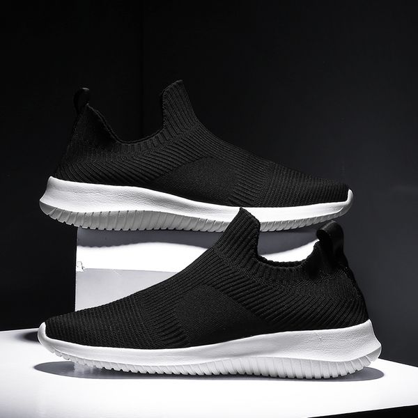 

new solid color flying weave corset men's shoes ultralight breathable elastic socks shoes non-slip sports casual flat shoes, Black