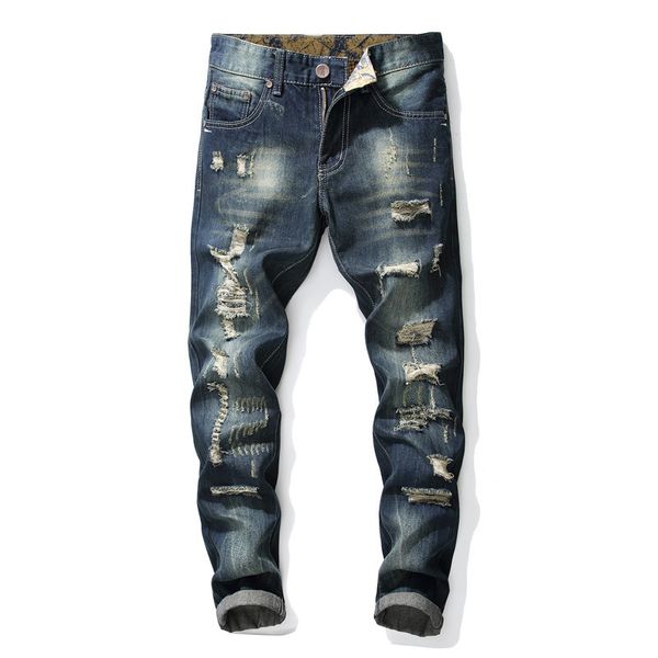 

new designer style retro denim men's pants fashion trendy ripped jeans slim stretch men's jeans standard size 28-39, Blue