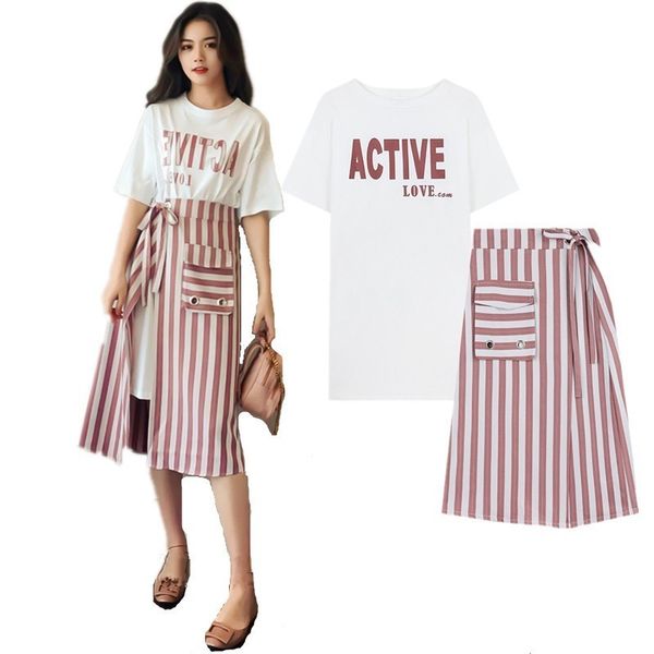 

лето двухкусочной юбки установить повседневные печати длинных футболки + lace up side split полосатого карман юбка женщины 2 шт plus 4xl кос, White