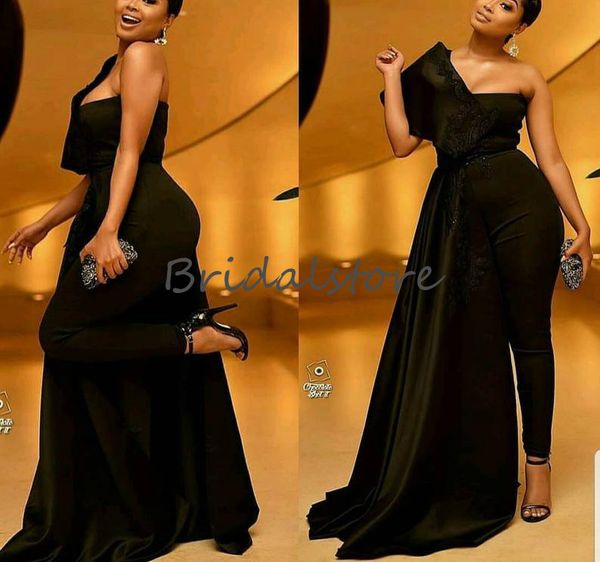 

fitted black african prom dresses plus size one shoulder satin pant suit formal evening party gowns 2020 overskirts train abendkleider cheap