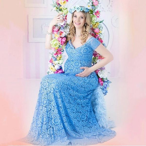

maternity dresses pregnant mother v-neck dress pography props women pregnancy clothes lace for po shoot clothing, White