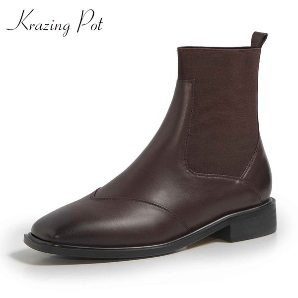 

krazing pot 2020 new fashion korean girls natural leather stretch thick med heel square toe slip on daily wear ankle boots l2f7, Black