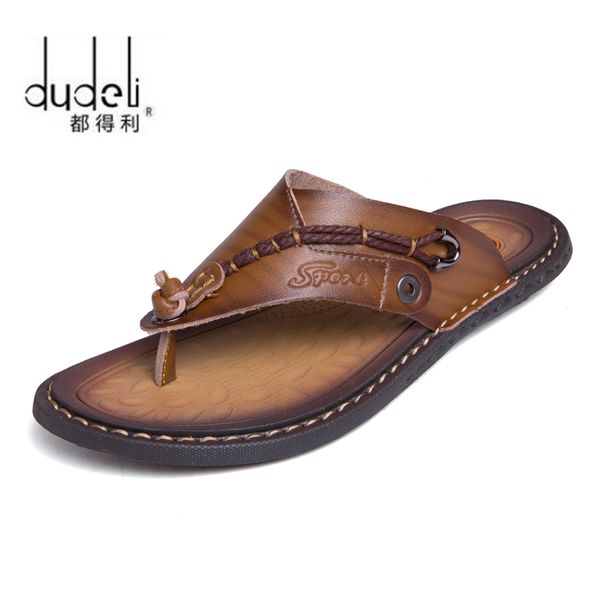 

dudeli 2020 new men's flip flops genuine leather slippers summer fashion beach sandals shoes for men casual shoes, Black
