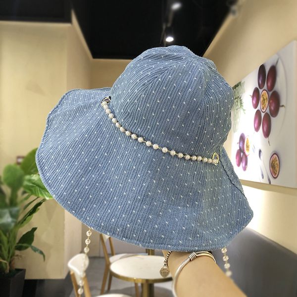 

202006-jinxi korean style denim pearl chain big brim wind lady bucket cap women leisure fishermen hat, Blue;gray