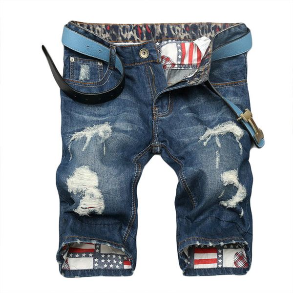 

men vintage ripped bermudas jeans short summer streetwear hip hop male casual holes straight denim shorts plus size 28-38, Blue