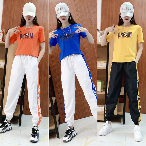 

student 2020 summer new short-sleeved sports suit women's casual wear casual wear square hip hop fashion pants two-piece suit, Gray