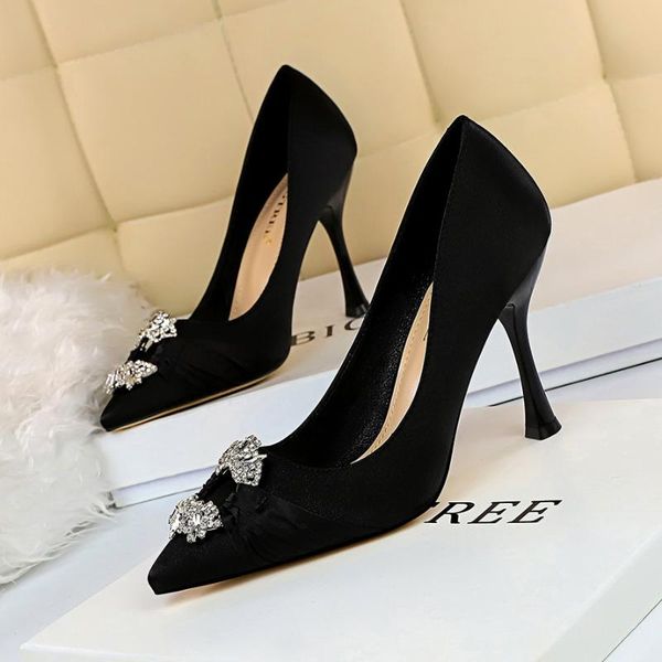 

european and american style fashion elegant banquet women's shoes high heel satin rhinestone metal buckle wedding shoes high hee, Black