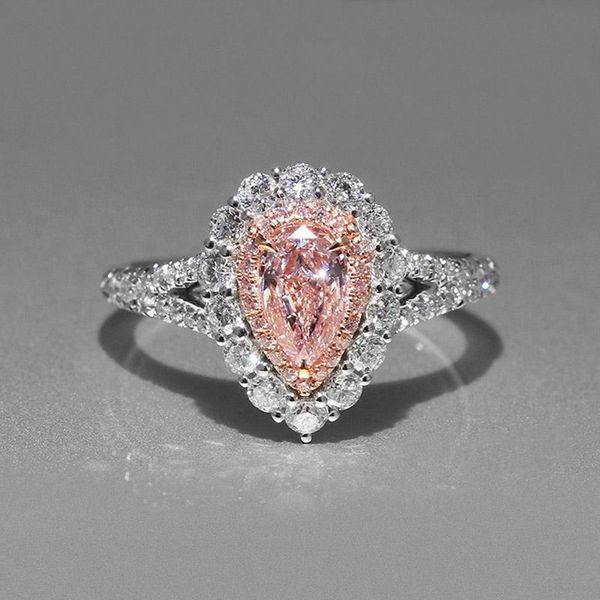 

2020 pink teardrop cz diamond wedding gift ring 925 sterling silver plated drops of water engagement rings retail box set for women, Slivery;golden