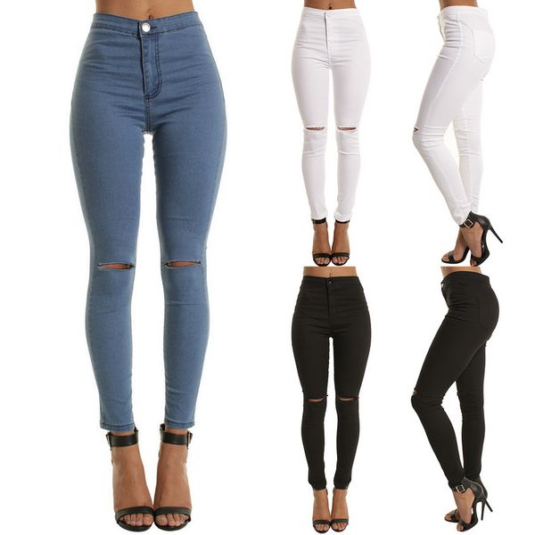 

2020 women denim pencil pants causal high waist jeans woman ripped hole vintage solid stretch workout skinny mom jeans, Blue
