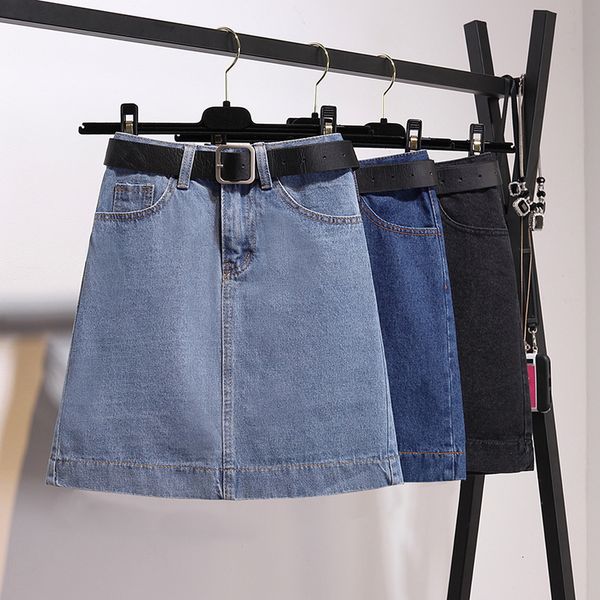 

plus size s 5xl classic blue with belt high waist short jeans skirts women plus size black a line denim skirt
