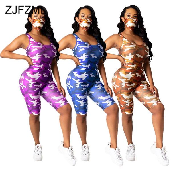 

камуфляж печати маски sporty фитнес ромпер женщины o шеи без рукавов party club комбинезон streetwear дамы backless нет легкий костюм с шорт, Black;white