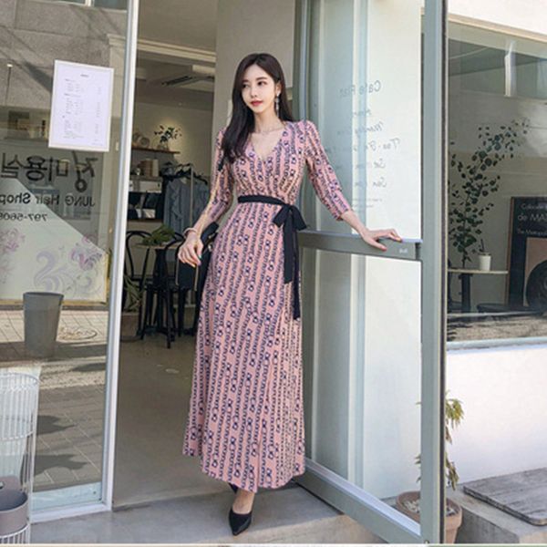 

casual dresses 2021 summer runway printing long dress women's fashion chain v-neck beach party elegant vestidos, Black;gray