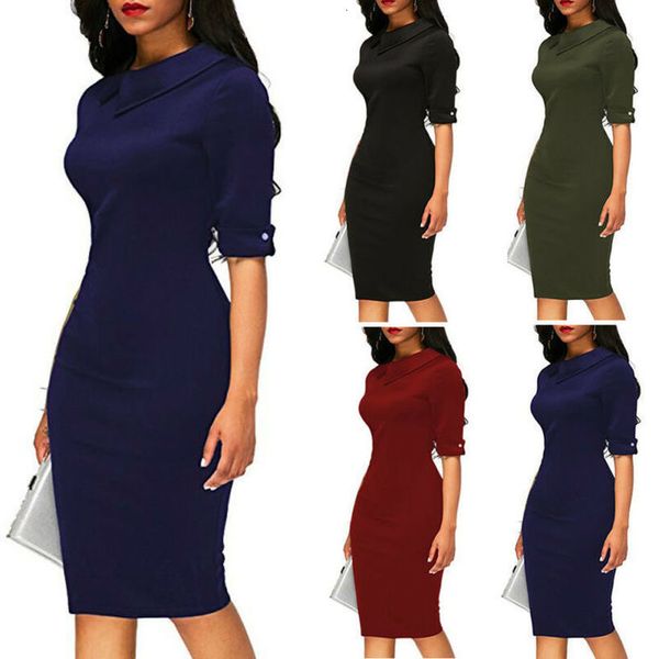 

new spring half sleeve full solid dress ladies casual women dresses office lady formal business work party sheath dress, Black;gray