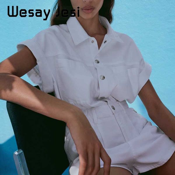 

2020 Summer Jumpsuits Office lady elegant Vintage short sleeve cowboy jumpsuit women rompers womens jumpsuit combinaison femme, Black;white