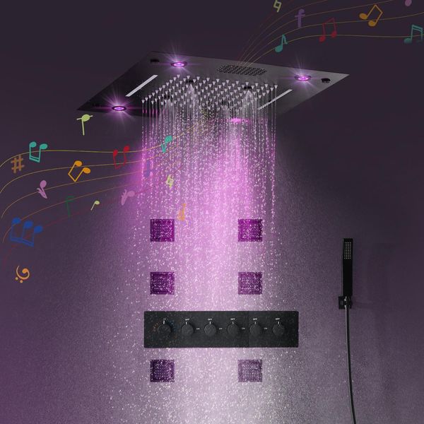 

multi function black led ceiling shower thermostatic valve shower bathroom ceiling lights smart bluetooth playing music shower head faucet