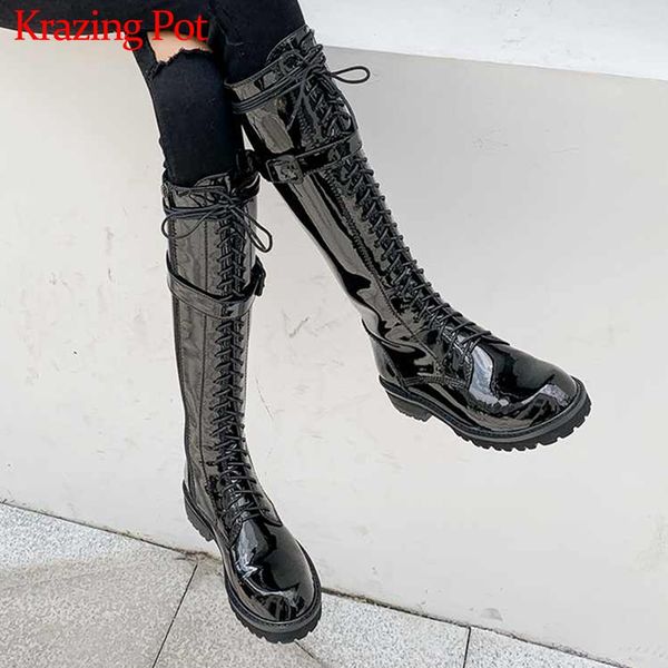 

krazing pot winter cow leather cross-tied round toe rock singer equestrian boots big size keep warm thigh high riding boots l29, Black