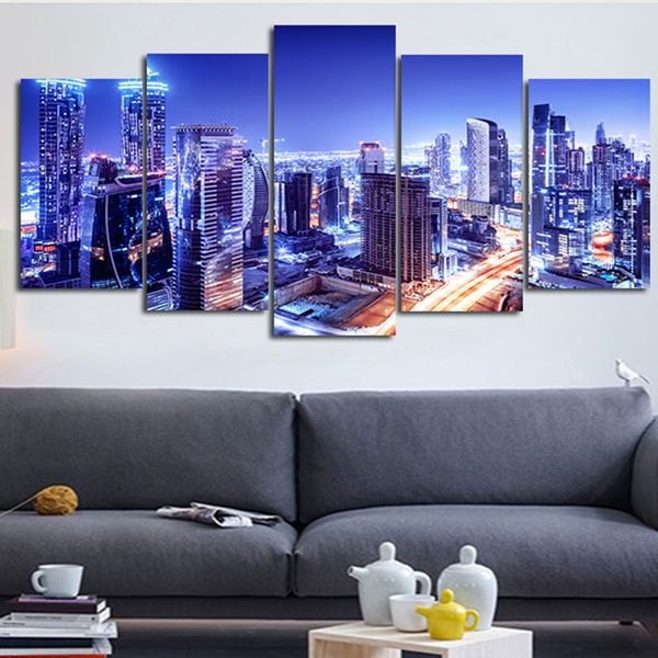 

5 panels wall canvas painting art pictures blue night city modern modular posters prints artwork abstract paints