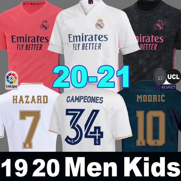

real madrid jerseys 20 21 soccer jersey hazard ramos 34th campeones 34 camiseta de fÃºtbol 19 2020 2021 benzema men + kids kit football shirt, Black;yellow