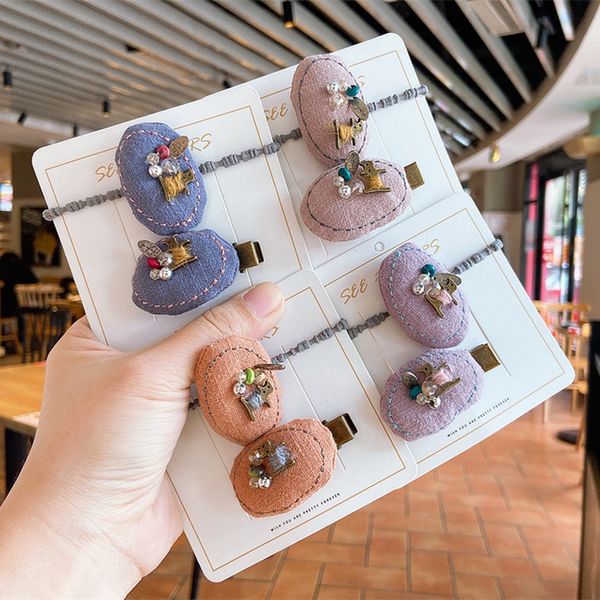 

korean simple vintage cat rhinestones duckbill clip personality fashion girl baby handmade fabric rubber band hair accessories, Slivery;white