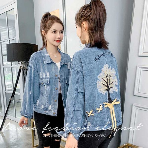 

lucyever elegant square denim women jacket autumn long sleeve ripped jean casual korean loose embroidery streetwear short coat, Black;brown