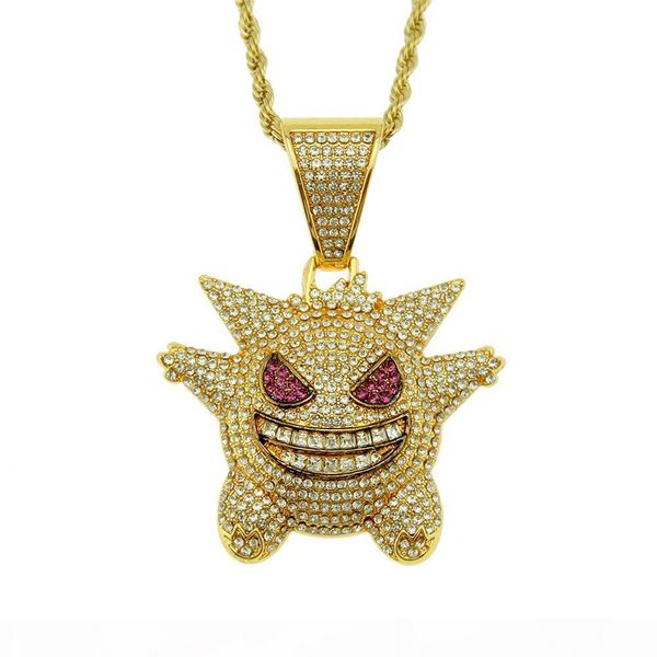 

2020 new fashion full rhinestone gengar iced out pendant necklace hip hop bling chains jewelry for men with twisted chain, Silver