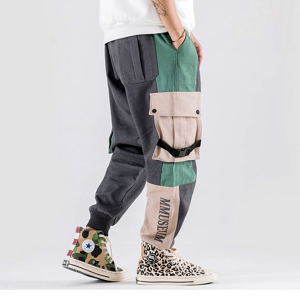 

mens hip hop cargo pants streetwear color block patchwork harajuku pant jogger side pocket ribbon sweatpant trousers, Black