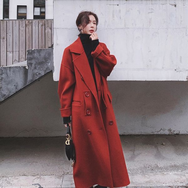 

women's en mid-length 2020 popular winter new korean style coat wool wool loose super long over-knee thickened woolen coat, Black