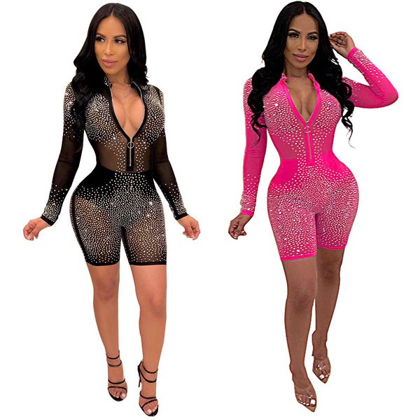 

see through rhinestone decorative zipper romper women long sleeve one piece jumpsuit party club outfit, Black;white
