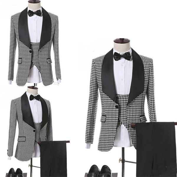 

3-piece houndstooth black and whit wedding suits one button custom made tuxedos party formal business handsome suits peaked lapel blazer, Black;gray