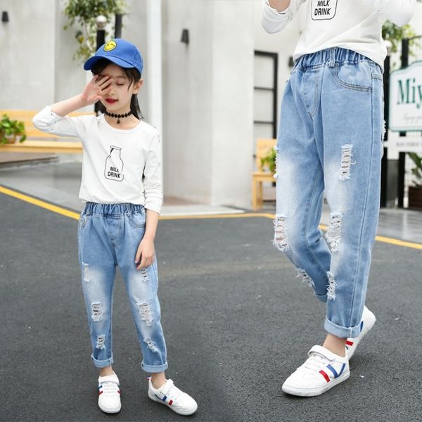 

girls and jeans thin 2020 new fashionable medium and large children korean style loose fashion ripped jeans children, Blue