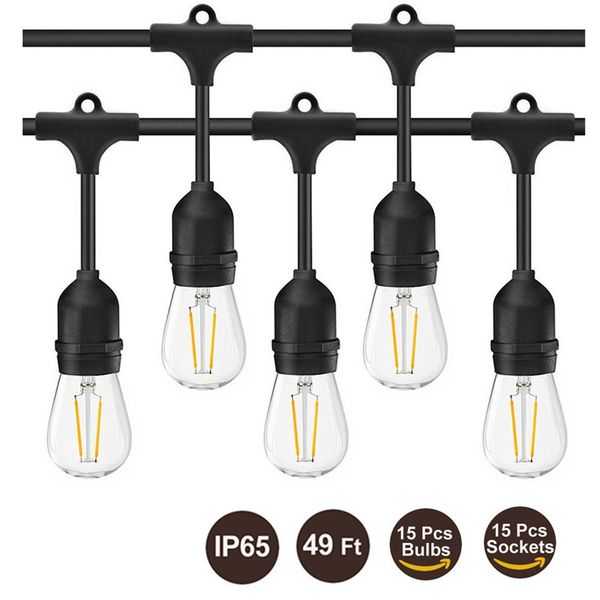 15pcs Bulb Cordas Estilo Vintage Outdoor Cadeia Comercial Pátio Luz Cordas lâmpadas incandescentes 48-Feet 15 Luzes E26 / E27 base de luz