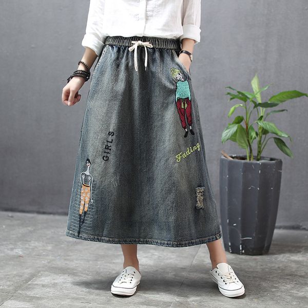 

new skirt female elastic waist embroidered pocket loose casual denim skirt female qf6782, Black