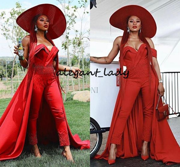 

red off shoulder jumpsuits evening dresses overskirt pearls ruched ankle length satin celebrity dress outfit formal prom gowns, Black