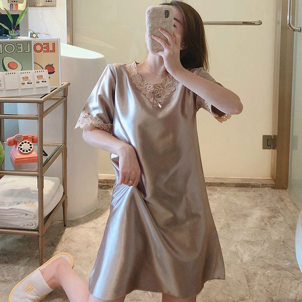 

women's sleepwear 2021 summer short sleeve home wear v- neck silk nightshirt women causal ladies nightgown dress, Black;red