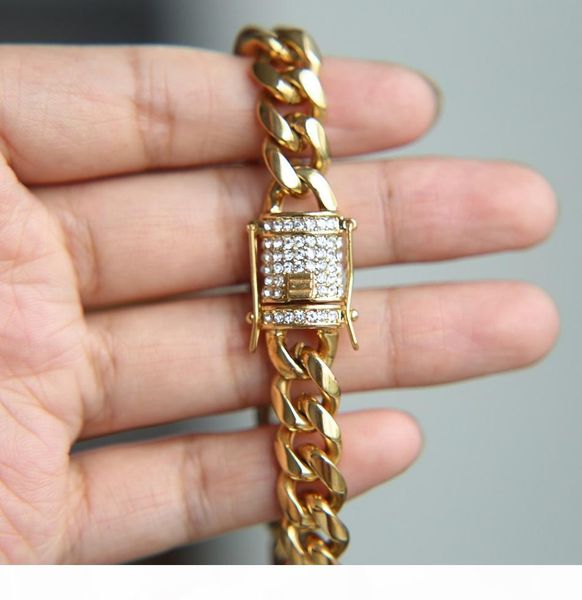

10мм мужчины кубинский майами link ожерелье из нержавеющей стали rhinestone застежка iced out золото серебро хип-хоп цепи ожерелье 76см, Silver