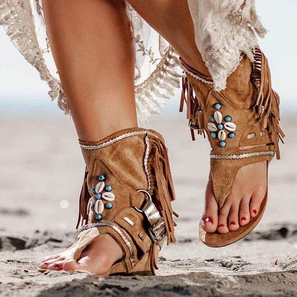 

2020 women retro clip toe sandals ladies gladiator vintage boots casual tassel rome summer beach woman shoes female new, Black
