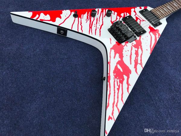 

fÃ¡brica personalizado flying v da guitarra elÃ©trica, vÃ´o v forma com gotas de sangue na cor branca, todas as cores estÃ£o disponÃ­veis