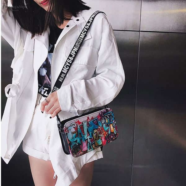 

personality graffiti wide letter strap crossbody bags for women fashion ladies leather zipper shoulder bag messenger bag 5$