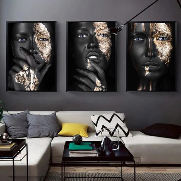 

African Art Black and Gold Woman Oil Painting Wall Art Pictures Painting Wall Art for Living Room Home Decor (No Frame)