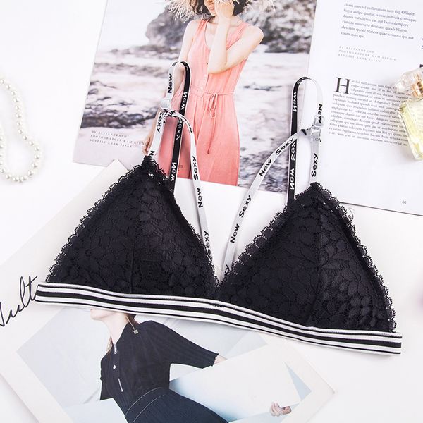 

bras fashion lace letters thin strap bra push up deep v wrap-around women underwear wireless lingerie bralette, Red;black